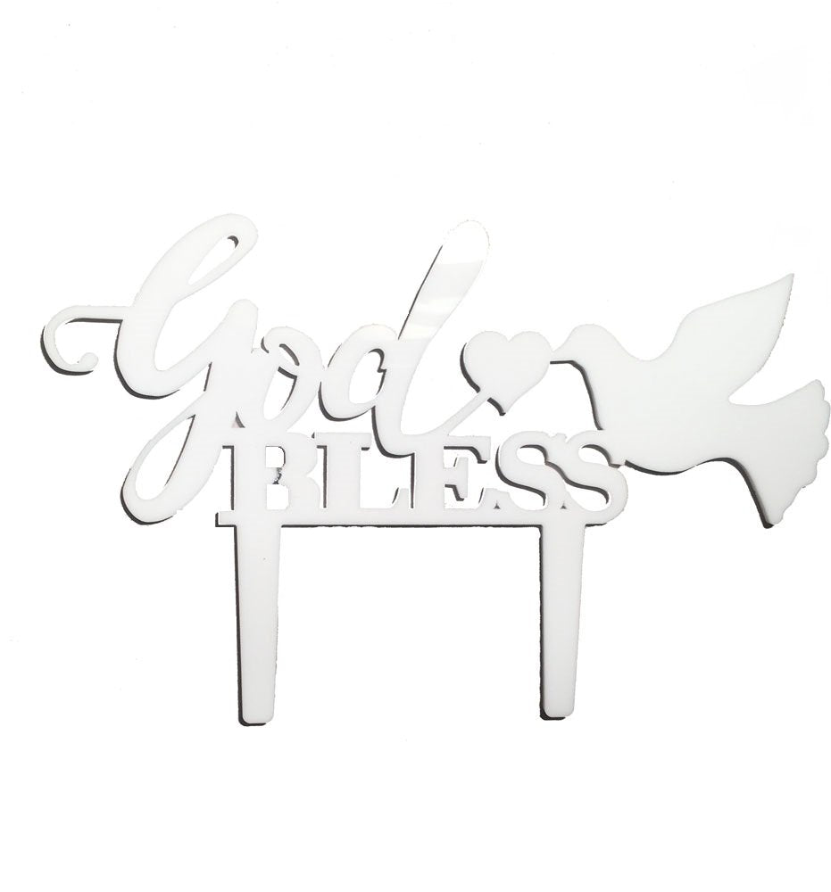 UsaSales Catholic Cake Toppers - Acrylic Baptism Decorations, 7x5 Inch, God Bless, Glossy White