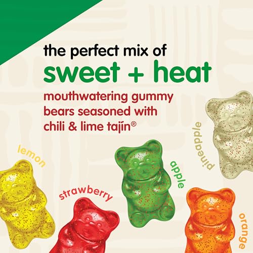 Snak Club Tajin Gummy Bears, Assorted Fruit Candy Gummies with Chili and Lime Seasoning, Mild, Gluten-Free and Vegan Snacks, 4 o
