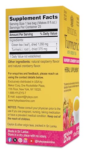 12 Pack Of Hyleys Turmeric With Green Tea Raspberry & Cranberry - 25 Tea Bags (100% Natural, Sugar Free, Gluten Free And Non-Gmo)