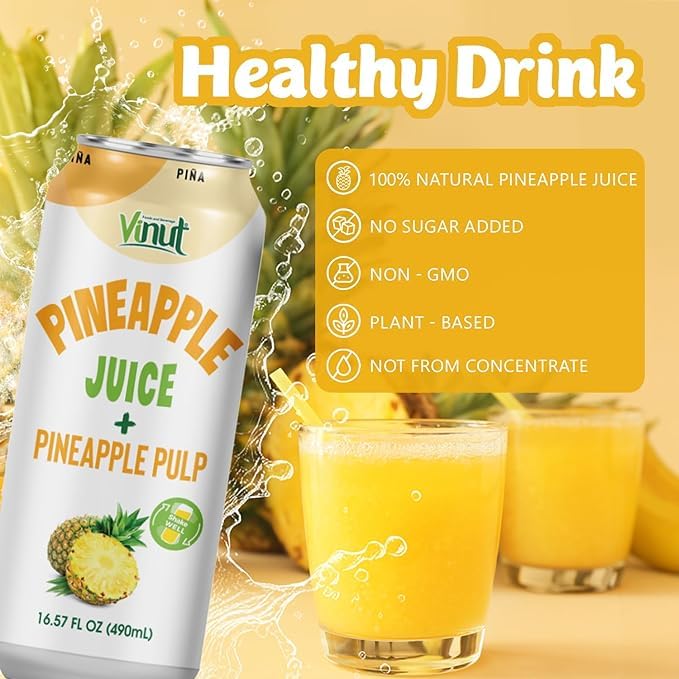 Vinut Natural Pineapple Juice Drink With Pulp, (16.57 Fl Oz, Pack Of 12) - Real Pineapple Juice, No Sugar Added, Gluten Free, Gm