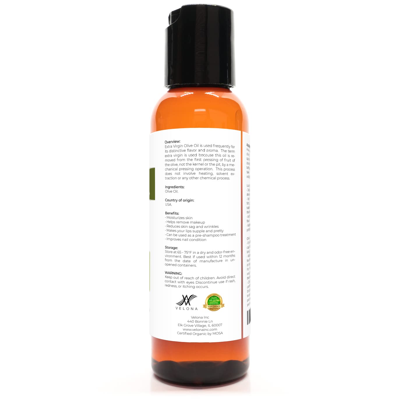 Velona Usda Certified Organic Olive Oil - 2 Fl Oz | 100% Pure And Natural Carrier Oil | Extra Virgin, Unrefined, Cold Pressed