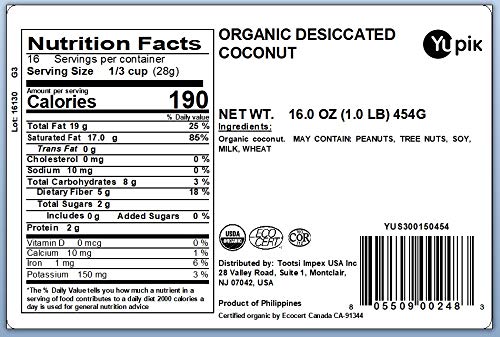 Yupik Organic Dried Desiccated Coconut, 1 lb (Pack of 6)