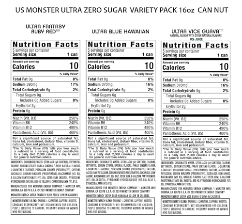 Monster Energy Ultra Variety Pack, Blue Hawaiian, Ultra Vice Guava, Ultra Fantasy Ruby Red, Sugar Free Energy Drink, 16 Ounce (P