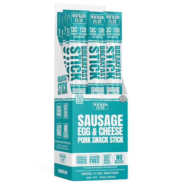 Wicked Cutz Sausage Egg and Cheese Stick  12g Protein Per Gluten Free Breakfast Stick  USA Made High Protein Carnivore Snacks  Breakfast Meat Sticks (12 Sticks)