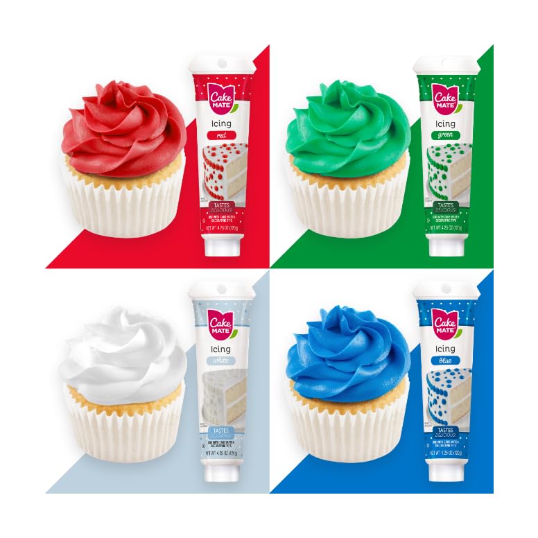 Cake Mate Holiday Decorating Icing Bundle - Blue, White, Green, And Red | Perfect For Cakes, Cookies, Cupcakes & Baked Goods | C