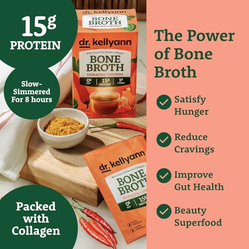 Dr. Kellyann Sriracha Chicken Bone Broth Packets (7 Servings) - 16g Protein, Grass-Fed Collagen, Keto & Paleo-Friendly, 1 Box