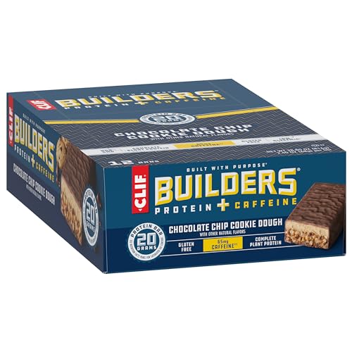 Clif Builders + Caffeine Protein Bars - Chocolate Chip Cookie Dough Flavor - 20G Plant Based Protein - Gluten Free - Non-Gmo - Low Glycemic - No Artificial Sweeteners - 2.4 Oz. (12 Pack)