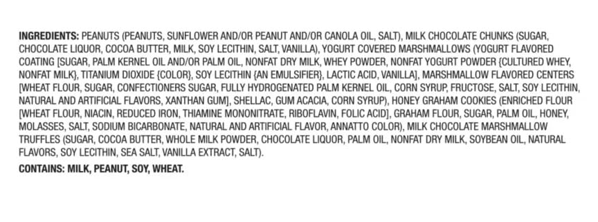 Smores Nut Trail Mix Wih Chocolate: Peanuts, Yogurt Flavored Marshmallow Bites, Milk Chocolatey Chunks, Graham Cookie Squares &