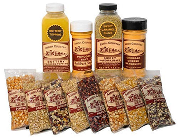 Amish Country Popcorn | 8-4 Ounce Variety Gift Set With Buttery Topping, Sweet Caramel Glaze, Ballpark Salt & Cheddar Cheese Sea