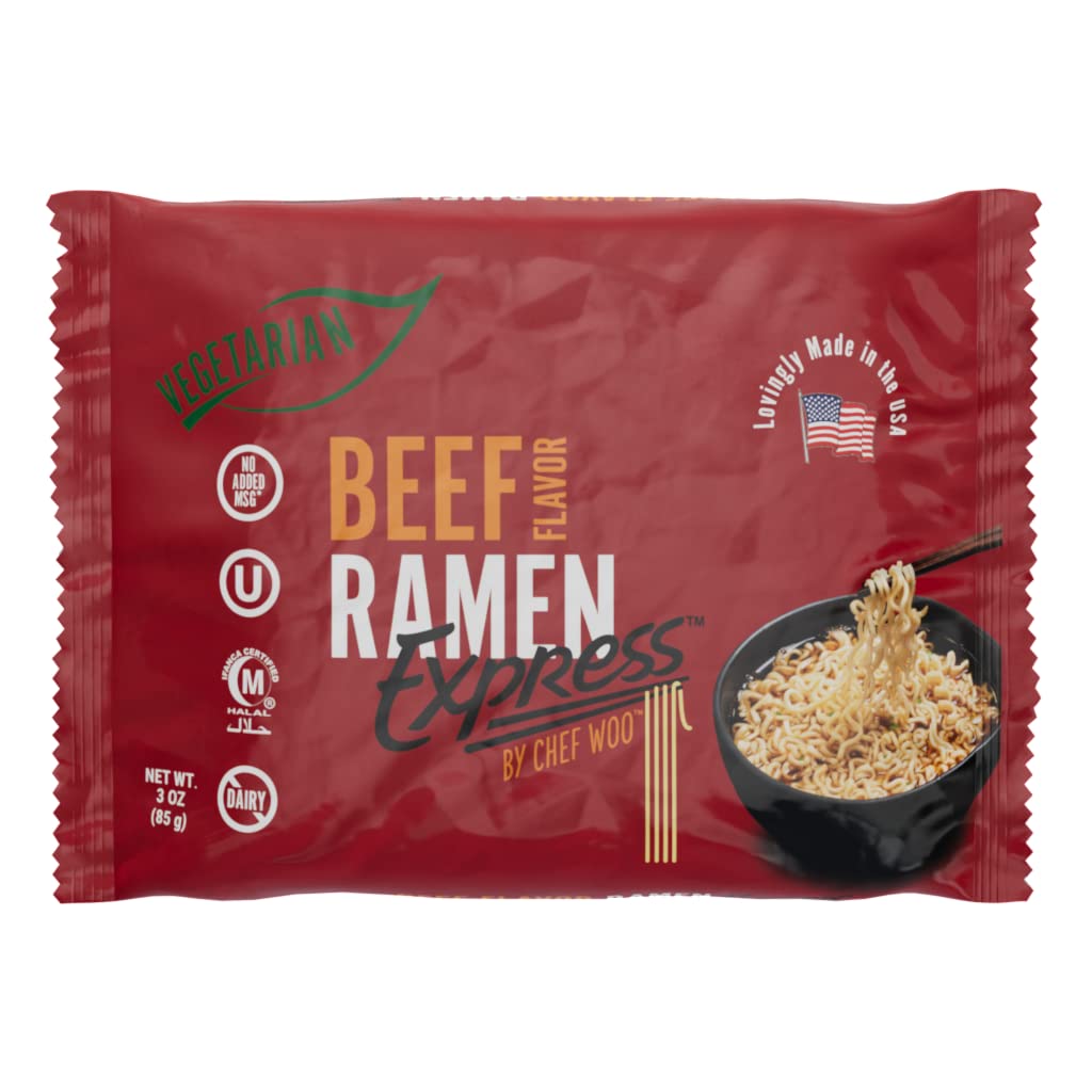 RAMEN EXPRESS Beef Flavor Ramen Noodle Packs, 3 Oz Each (Pack Of 24) by Chef Woo | Vegetarian Ramen Noodles | No MSG | Halal | E
