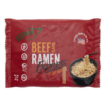 RAMEN EXPRESS Beef Flavor Ramen Noodle Packs, 3 Oz Each (Pack Of 24) by Chef Woo | Vegetarian Ramen Noodles | No MSG | Halal | E