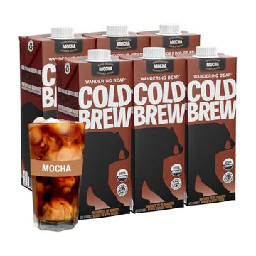 Wandering Bear Organic Mocha Cold Brew Coffee, 32 Fl Oz, 6 Pack - Extra Strong, Smooth, Organic, Unsweetened, Shelf-Stable, And