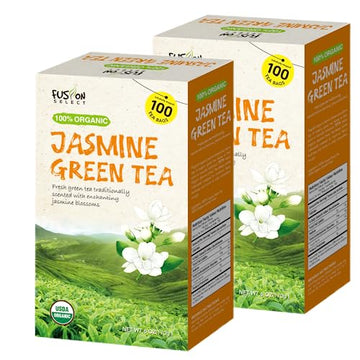 Fusion Organic 200 Counts Jasmine Green Tea - Fresh & Relaxing Jasmine Tea Bags Blend Traditionally Scented With Jasmine Blossoms, Refreshing Floral Fragrance - Green Tea Jasmine Bags