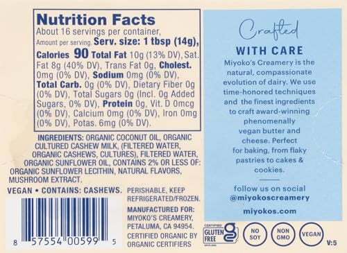 MIYOKOS CREAMERY Organic Vegan Butter, Unsalted, European Style, Cultured Plant Milk Based, Unsalted, 8 oz Stick (1-Pack)