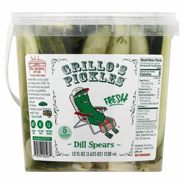 Pickles Classic Dill Pickle Spears, 5 calories per serving. Gluten free. A fat free food, CUCUMBERS, BRINE (WATER, DISTILLED WHI