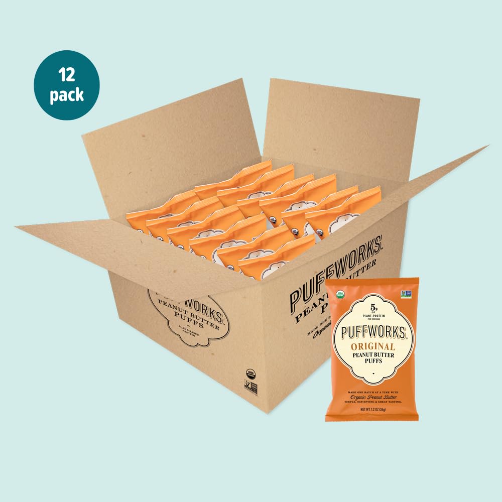 Puffworks Original Organic Peanut Butter Puffs, Plant-Based Protein Snack, Gluten- And Rice-Free, Vegan, Kosher, 1.2 Ounce (Pack