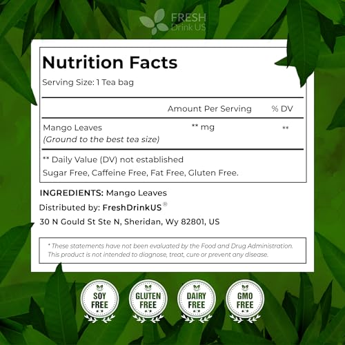 Freshdrinkus, Enhanced 100 Mango Leaf Tea Bags, 100% Natural & Pure From Mango Leaves. Loose Leaf Herbal Tea. No Sugar, No Caffeine, No Gluten, Vegan.