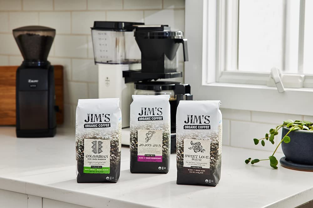 Jims Organic Coffee Sweet Love Blend Ground Dark Roast 11 oz Bag Certified Organic Ethically Traded Shade Grown Coffee