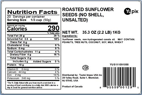 Yupik Roasted Sunflower Seeds, Unsalted, No Shell, 2.2 Lb, Pack Of 6, Gluten-Free, Vegan, Kosher, Shelled Seeds, Salt-Free, Sour