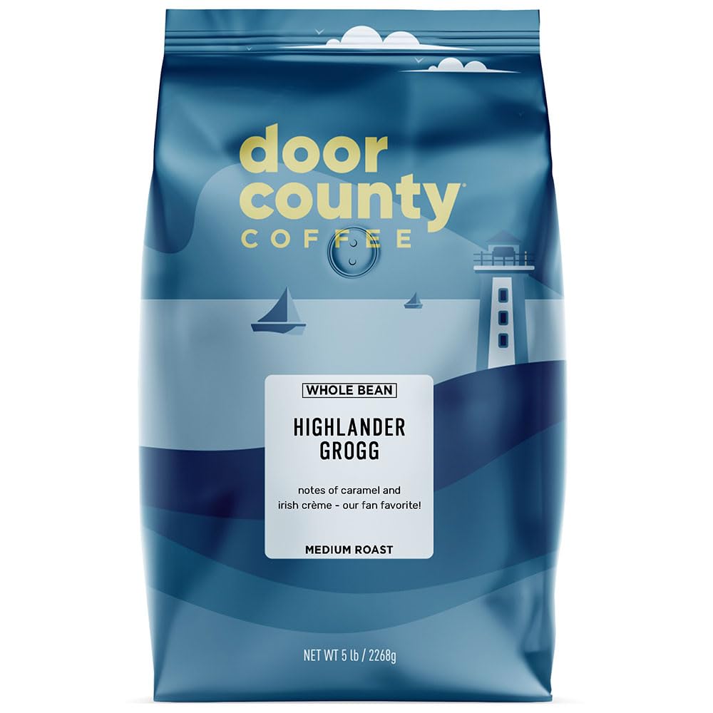 Door County Coffee Highlander Grogg Flavored Coffee Whole Bean | 5 Lb Bag | Flavored Ground Coffee Medium Roast | 100% Specialty Arabica Coffee | Gourmet Coffee | Irish Crème & Caramel Coffee