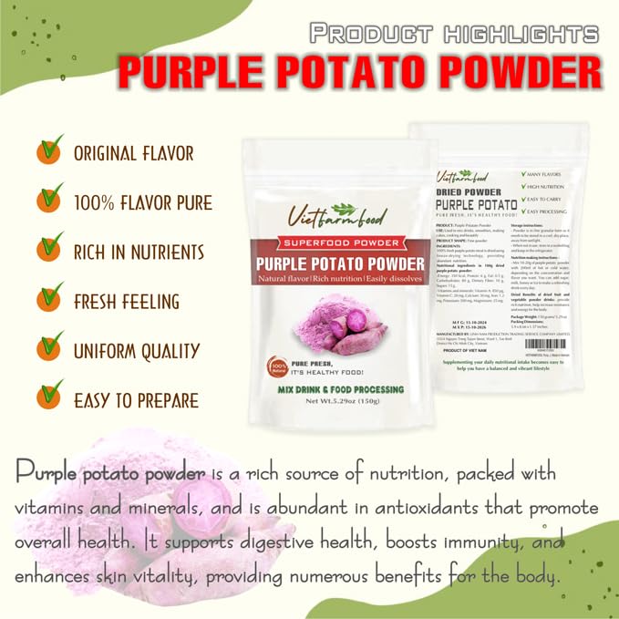 Purple Potato Powder 5.29 Oz (150G) Vietfarmfood: Freeze-Dried Extracted From 100% Pure, Sugar-Free. Used To Mix Mixed Drinks Fr