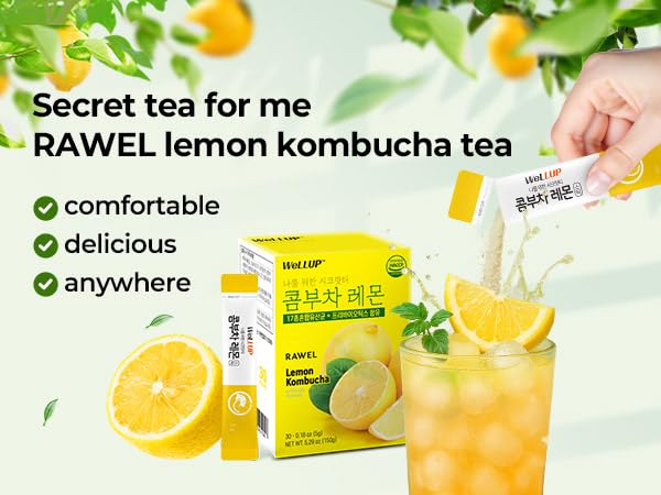 ?30 Sticks l Rawel Kombucha Tea Powdered Drink Mix Probiotics & Prebiotics - Sugar Free and Fat Free (Lemon)