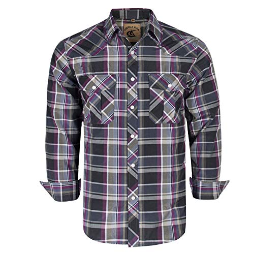 cOEVALS cLUB Mens Western cowboy Long Sleeve Pearl Snap casual Plaid Work Shirts (Purple  gray14 3XL)