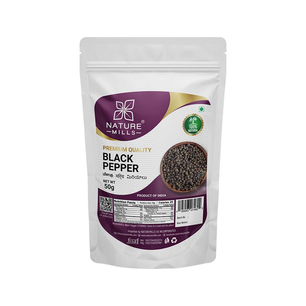 NatureMills Premium Black Pepper - Whole Peppercorns (50g)