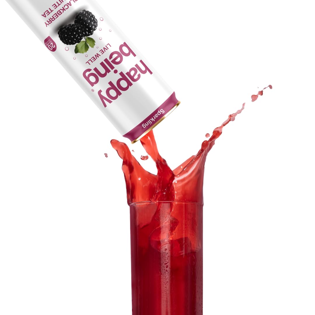 Happy Being Sparkling Blackberry Citrus White Tea, Infused with Turmeric & Elderberry, Caffeine Free, 12oz (4 Pack)