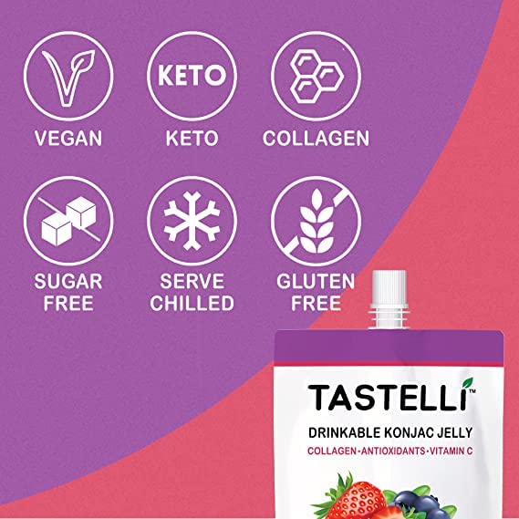 Tastelli Konjac Jelly Infused with Collagen + Vitamin C + Antioxidants / 10 Calories, Vegan, Zero Sugar/Healthy Drinkable Desser