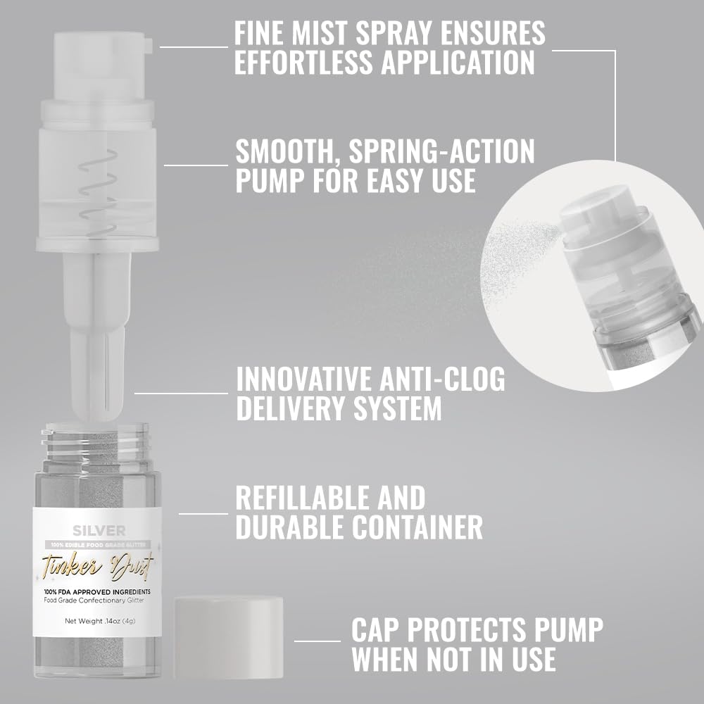 Bakell Tinker Dust Edible Glitter - Silver, 4g Mini Pump for Desserts, Beverages, Cupcakes, Cake Pops, and Cookies