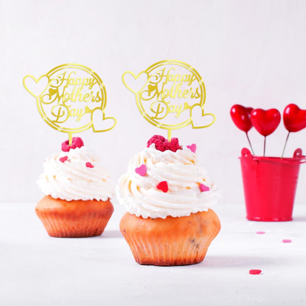 Keoysek 12Pcs Acrylic Gold Happy Mother'S Day Cake Topper Cake Topper Acrylic Mirror Cake Topper Decorative Party Cake Decoratio