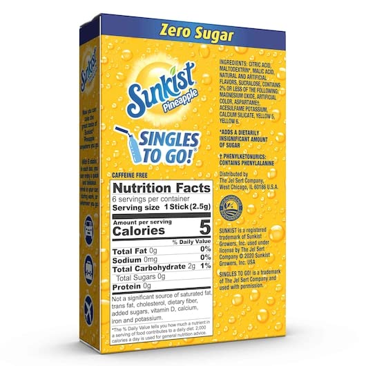 SINGLES TO GO! Sunkist Drink Mix Pineapple - 18 Servings, 3 Boxes, 6 Packets Each, 0.18 Ounce (Pack of 3)
