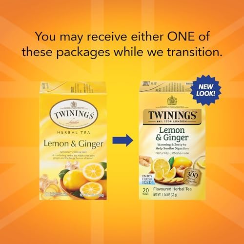 Twinings Lemon & Ginger Herbal Tea Bags, Caffeine Free, 20 Count (Pack of 6), Model 05309