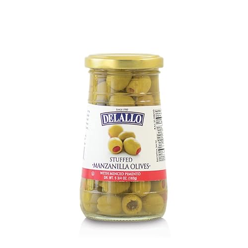 Delallo Stuffed Manzanilla Olives With Minced Pimento, 5.75Oz Jar, 12-Pack