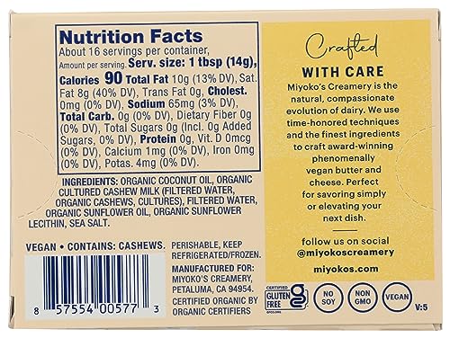 MIYOKOS CREAMERY Organic Salted Vegan Butter, European Style Cultured Plant Milk Butter, 8 Ounce (Pack of 1)