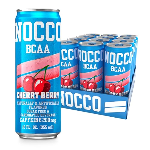 NOCCO BCAA Energy Drink Cherry Berry - 12 Fl Oz (Pack of 12) - 200mg of Caffeine  Sugar Free Energy Drinks - Carbonated & Low Calorie  BCAAs  Vitamin B6  B12  & Biotin - Grab & Go Performance Drink