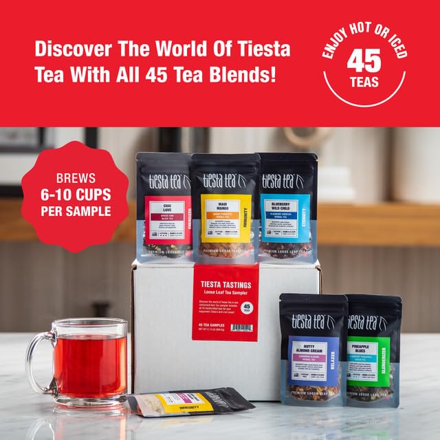 Tiesta Tea Tastings Sampler Set - Assorted Loose Leaf Tea, 45 Resealable Sample Pouches, High to No Caffeine, Hot/Iced Teas