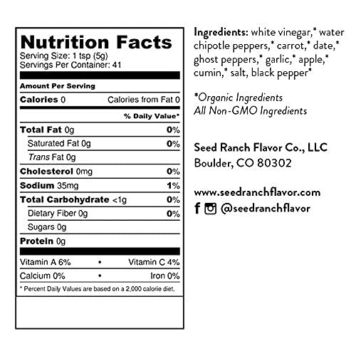 Seed Ranch Smoky Ghost Hot Sauce, 5 Oz. - Hot Spice - Ghost Pepper, Organic Gourmet Hot Sauce with Chipotle & Sweet & Spicy Date