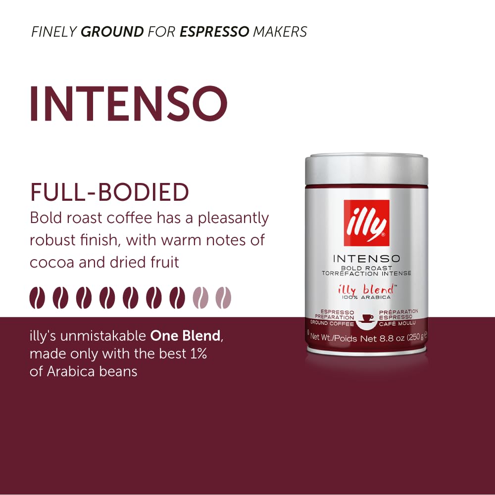 Illy Intenso Ground Espresso Coffee, Bold Roast, Intense, Robust And Full Flavored With Notes Of Deep Cocoa, 100% Arabica Coffee, No Preservatives, 8.8 Ounce Can (Pack Of 6)