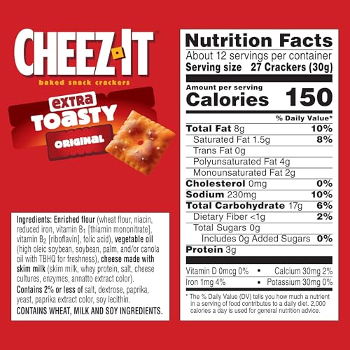 Cheez-It Cheese Crackers, Baked Snack Crackers, Lunch Snacks, Extra Toasty, 12.4oz Box (1 Box)