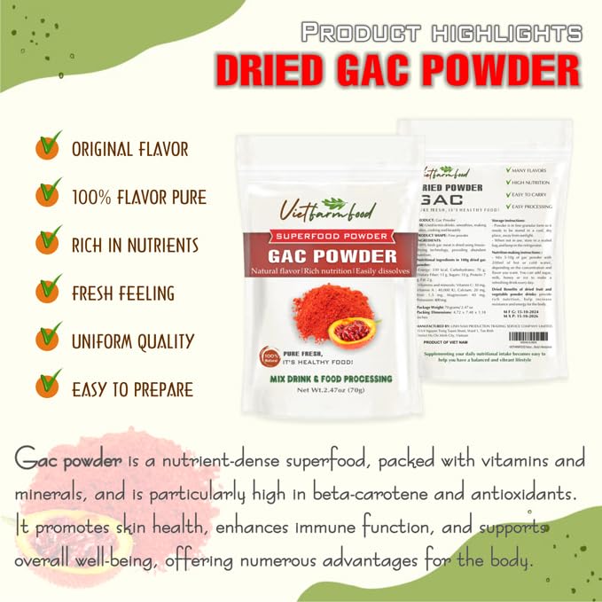 VIETFARMFOOD GAC Fruit Powder 2.47 Oz, Natural, Sugar-Free, Freeze-Dried for Smoothies, Drinks, Cooking, and Baking