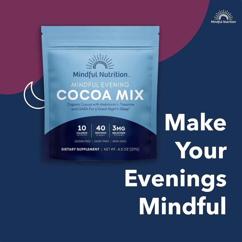 Mindful Evening Sugar Free Cocoa Mix Natural Sleep Aid  40 Servings  Melatonin 3mg  L-Theanine  GABA dietary products  Natural Calm Sleep Support Stress Relief Calm Sleepy Cocoa Nighttime Hot Chocolate