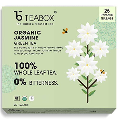 Teabox Organic Jasmine Green Tea 25 Teabags | Sourced From Madurai | Made With 100% Whole Leaf, Natural Jasmine Flowers & Natura