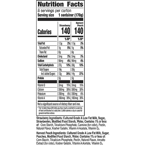 Yoplait Original Low Fat Yogurt Variety Pack, Strawberry and Harvest Peach, Made with Real Fruit, 8 Yogurt Cups, 48 oz