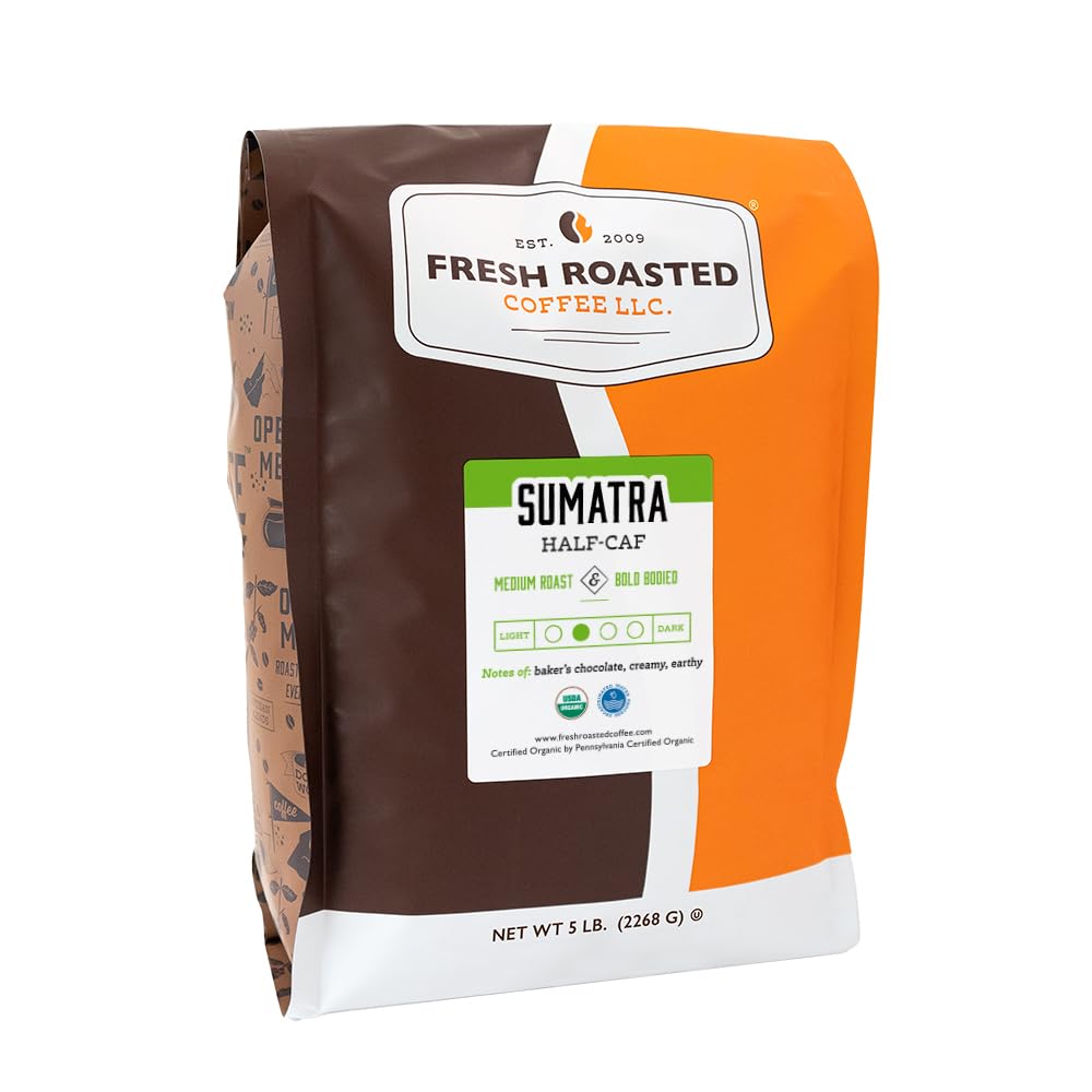 Fresh Roasted Coffee Organic Sumatra Half-Caf Whole Bean 5 lb Medium Roast USDA Organic Kosher