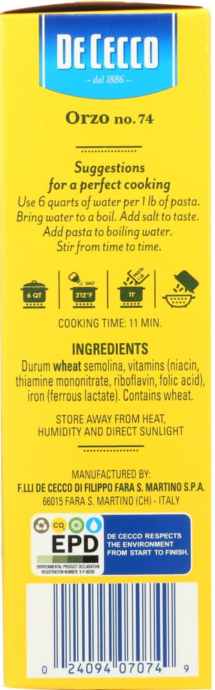 De Cecco Semolina Pasta, Orzo No.74, 1 Pound (Pack Of 2)