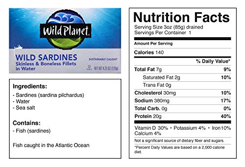 Wild Planet Wild Sardines in Water, Sea Salt, Skinless & Boneless, Tinned Fish, Sustainably Wild-Caught, Non-GMO, Kosher, Gluten