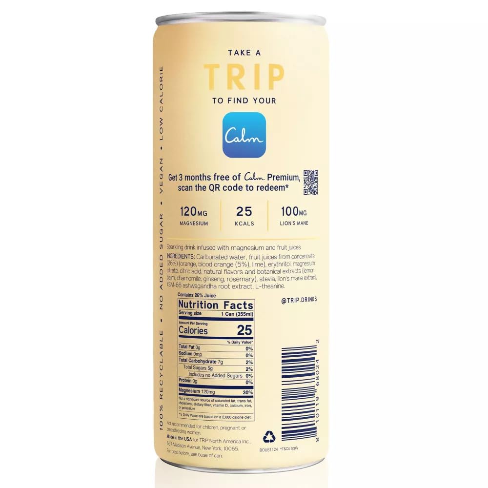 Trip Mindful Blend  Lightly Sparkling Calming Drink  120 MG Magnesium Citrate with Ashwagandha  Lions Mane & L Theanine  No Added Sugar  Low Calorie  Vegan  Blood Orange  12 Oz  12Pk