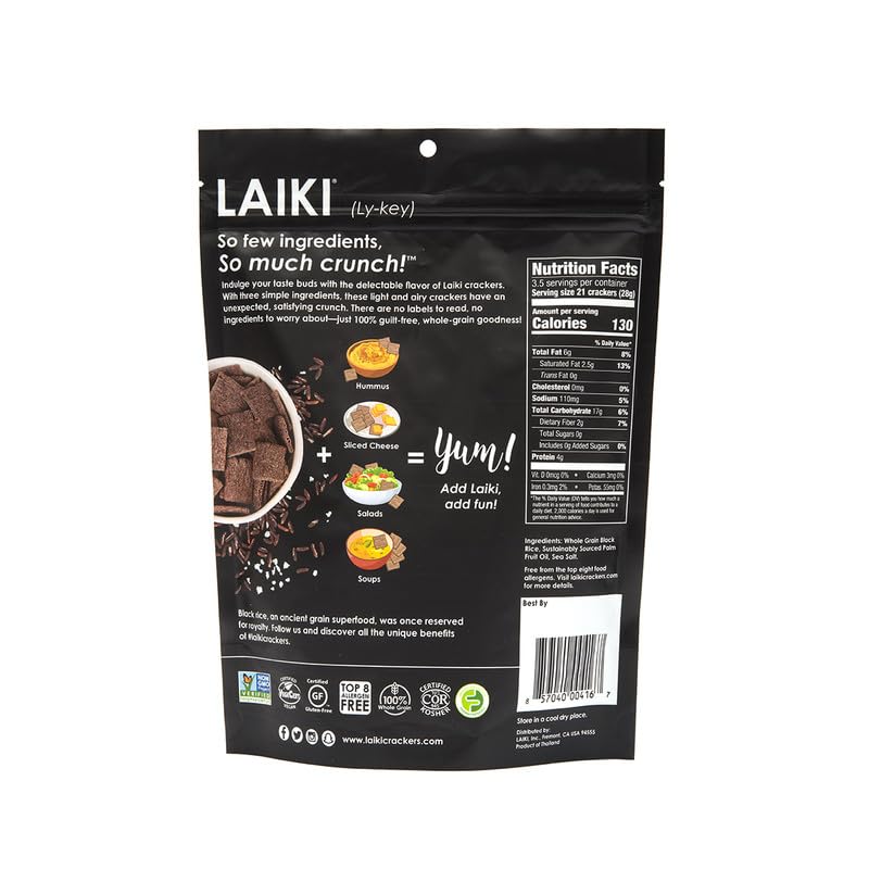 LAIKI Gluten Free Rice  ers, Seed-Oil Free, Low Sodium, Vegan, Non-GMO, 3.53 Oz Bag (Pack of 8), Black Rice Simply Sea Salt